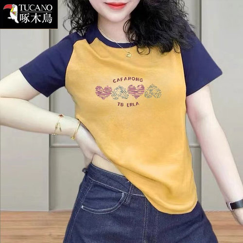 啄木鸟2026年夏季撞色短袖上衣女