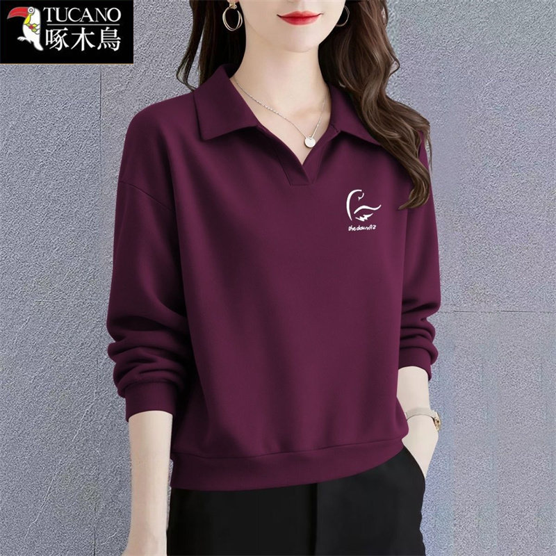 啄木鸟上衣简约风中年女POLO衫洋气新款翻领套头春季长袖打底T恤