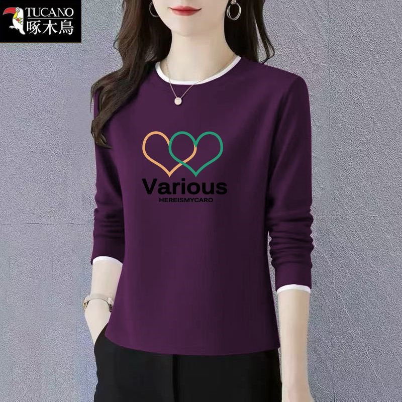 啄木鸟休闲印花圆领拼接撞色上衣春季薄款纯棉长袖潮流小众t恤女