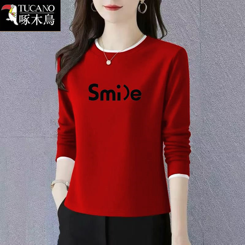 啄木鸟2026年新款大码显瘦上衣女士减龄春季薄款长袖圆领印花t恤