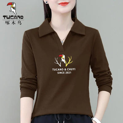 啄木鸟长袖T恤女薄款纯棉春秋2024年百搭修身翻领上衣时尚打底衫