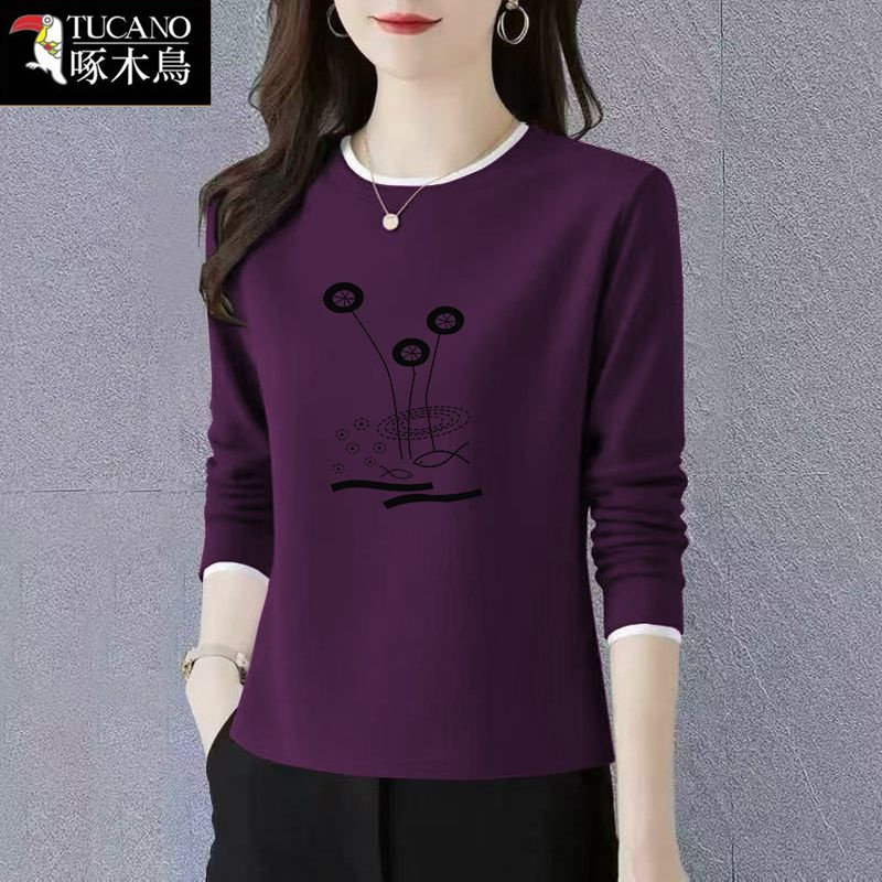 啄木鸟春季长袖印花T恤中年女士2026年新款宽松显瘦圆领纯棉上衣