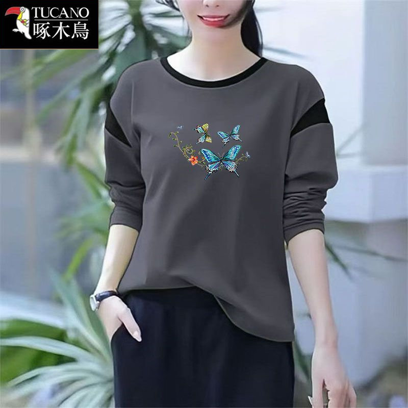 啄木鸟正品爆款遮肉大码圆领印花上衣春季薄款拼接撞色长袖T恤女