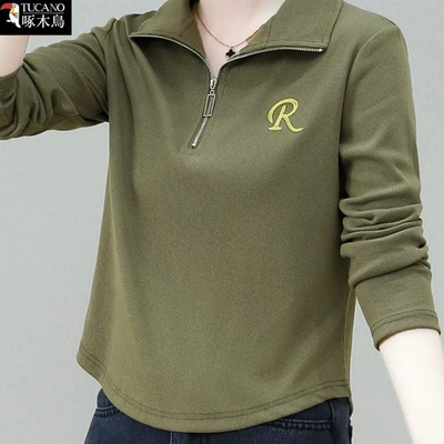 2025年新款长袖半拉链POLOT恤女
