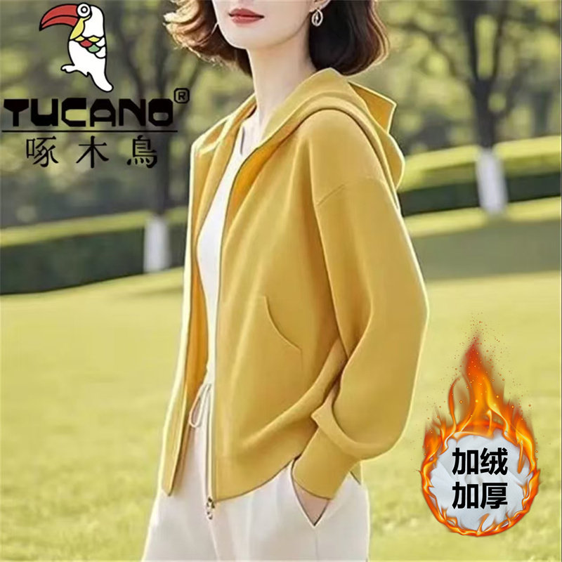 啄木鸟2025年新款连帽拉链卫衣外套女士冬季加绒时尚宽松开衫上衣