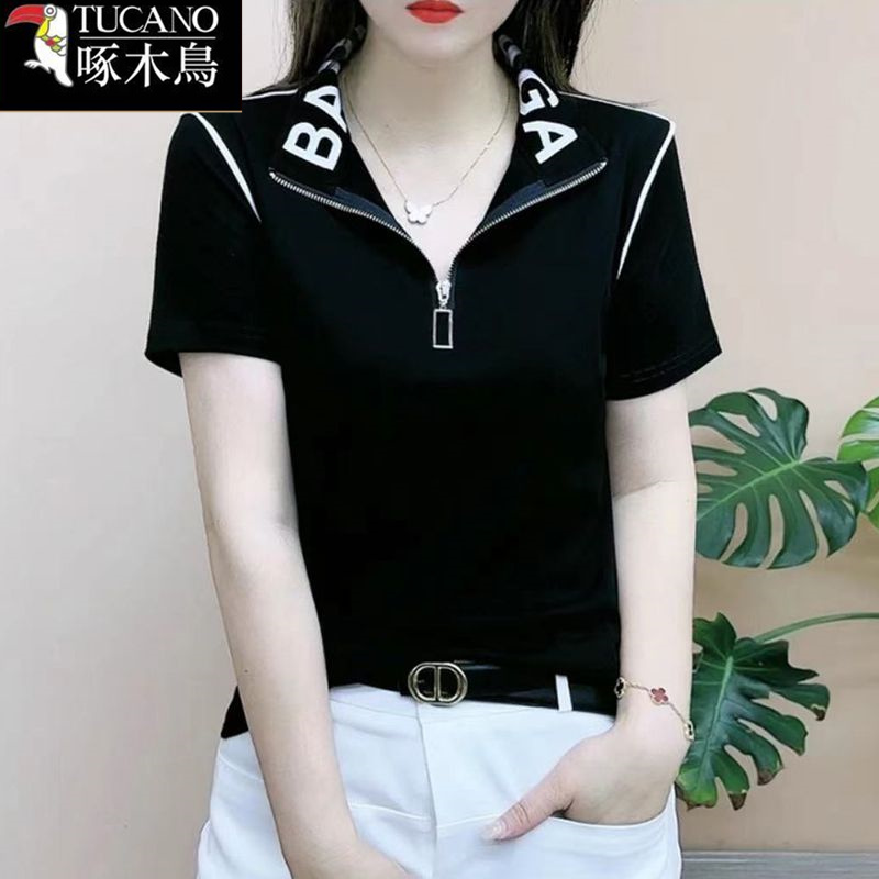 啄木鸟2025年新款翻领半拉链短袖t恤女夏季洋气撞色宽松显瘦上衣