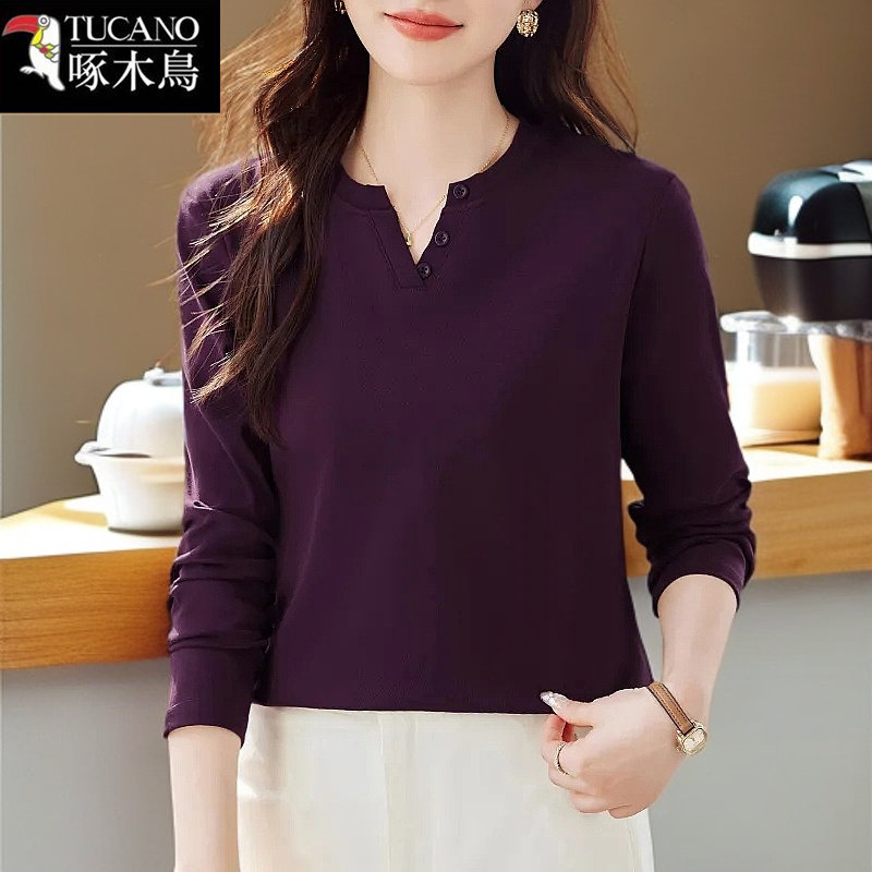 啄木鸟纯棉长袖t恤女秋冬季2024新款时尚洋气纯色V领打底衫上衣潮