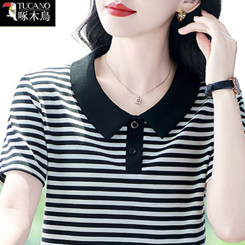 啄木鸟正品爆款条纹减龄女装上衣夏季短袖polo领套头简约通勤T恤,女装/女士精品,T恤,淘宝优惠券,粉丝福利购,淘宝优惠卷