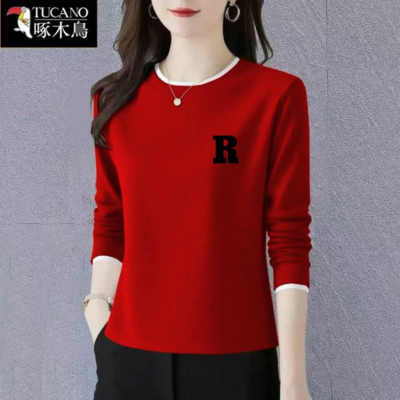 啄木鸟2026年春季薄款圆领印花上衣女士减龄新款拼色长袖通勤T恤