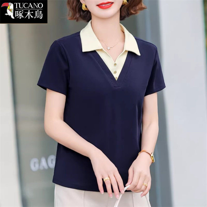 啄木鸟夏季薄款短袖T恤女假两件设计大码显瘦2026年新款休闲上衣