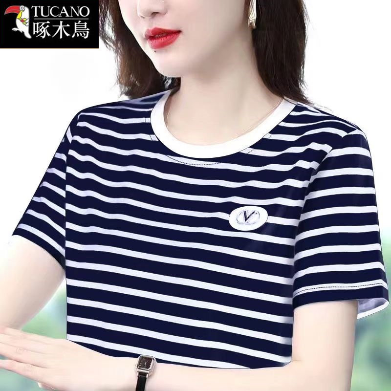 啄木鸟2026新款大码显瘦条纹上衣夏季薄款短袖圆领T恤女中年减龄