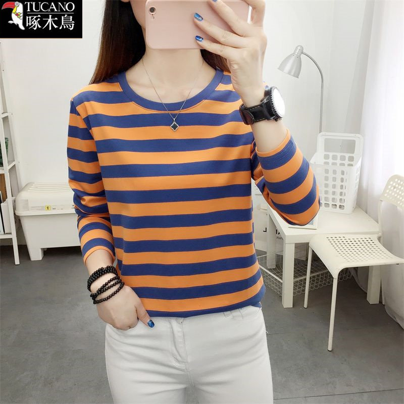 啄木鸟春秋新款条纹拼接撞色t恤女士减龄显瘦内搭长袖打底衫上衣