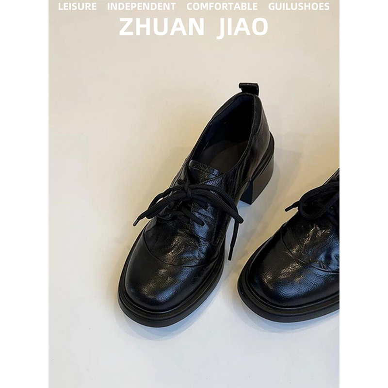 水洗牛皮~英伦复古真皮圆头系带乐福鞋通勤百搭粗跟小皮鞋女单鞋