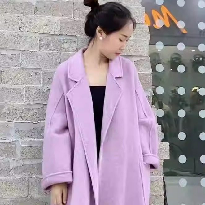 紫色双面羊绒大衣长款秋冬韩版宽松赫本风毛呢外套时尚休闲腰带款