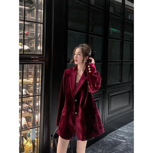 金丝绒酒红色西装 外套女高级感精致宽松气质流行西服上衣秋冬季