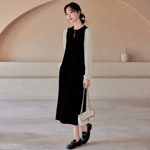 韩国细腻优雅简约显瘦显气质裙子褶皱灯笼袖 精品黑色丝绒连衣裙