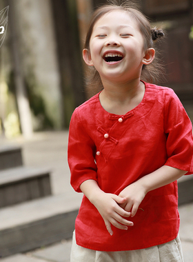 知了童装秋款七分袖中式斜襟女童复古夏装休闲亚麻中袖衬衫51505