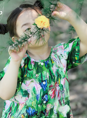 知了童装 夏装儿童上衣全棉贡缎女童印花短袖衬衫51153