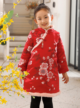 知了童装 中式改良夹棉旗袍女童唐装拜年服儿童中长款棉衣53318
