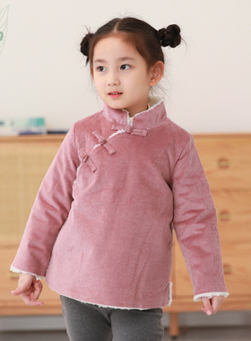 知了童装 秋冬文艺女童复古灯芯绒复合仿羊羔毛外套棉衣儿童K3538