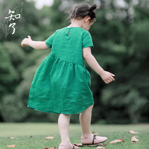 知了童装纯苎麻短袖连衣裙宽松