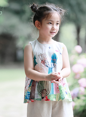 知了童装 女童夏装全棉印花背心儿童宽松A摆无袖圆领衫大童51155