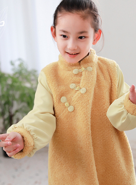 知了童装 女童中国风仿羊羔绒连衣裙加厚宽松旗袍日常儿童53151