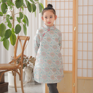 知了童装 新中式改良宽松长袖连衣裙仿宋锦旗袍女童秋款唐装55208
