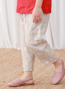 知了童装 春夏宽松亚麻休闲萝卜裤女童七分裤儿童哈伦裤51017