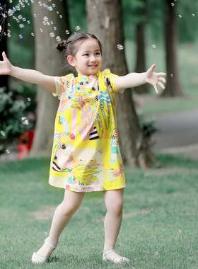 知了童装 夏季女童中国风短袖连衣裙全棉薄款印花旗袍裙儿童51101