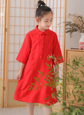 知了童装  文艺女童棉麻连衣裙中袖衬衫裙宽松直筒裙小红裙55180