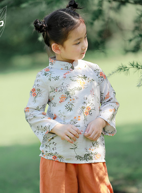 知了童装 秋装中国风中式长袖衬衫碎花套头上衣女童K3525
