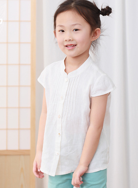 知了童装 夏装文艺女童古风小立领中式衬衣亚麻短袖衬衫儿童51509