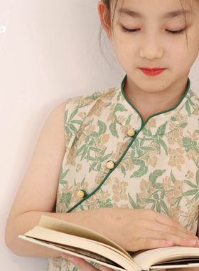 知了童装 女童夏季无袖旗袍上衣全棉宽松印花衬衫儿童55326