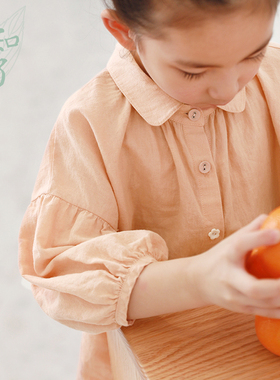 知了童装 秋装文艺女童宽松娃娃衫棉麻衬衫七分袖衬衣儿童52191