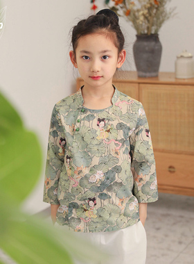 知了童装 新中式文艺女童早秋印花衬衫全棉七分袖上衣儿童55125