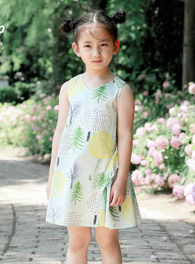 知了童装 女童宽松A摆连衣裙无袖夏季全棉印花背心裙儿童51133