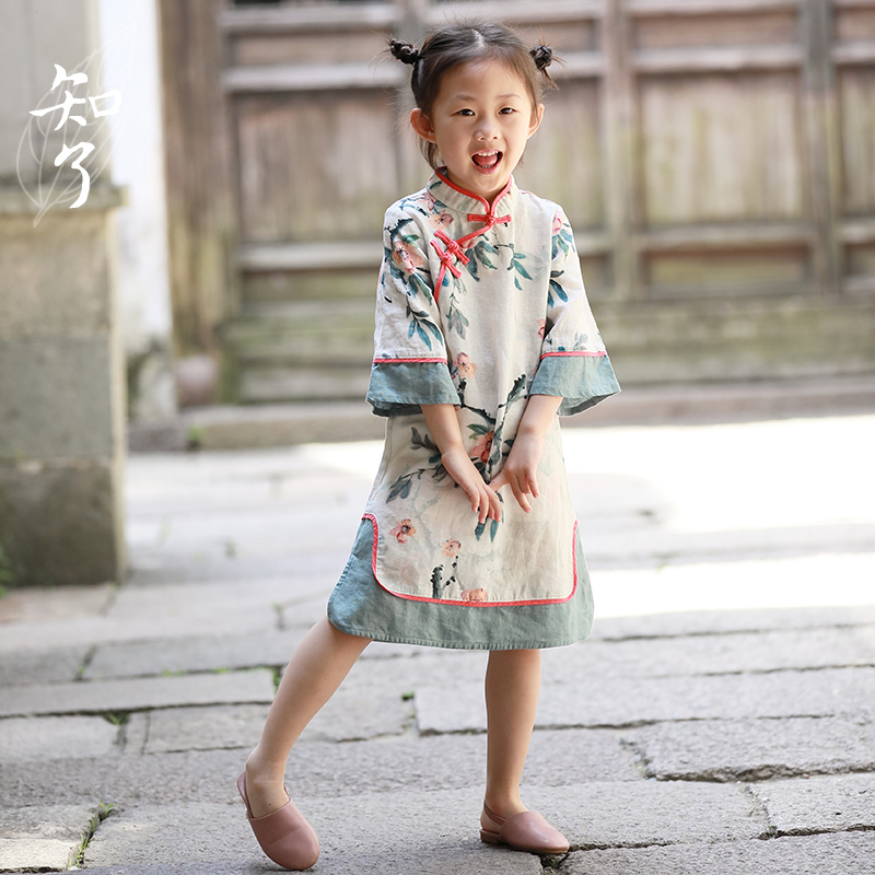 知了童裝純亞麻兒童復古印花旗袍