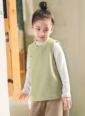 知了童装 秋冬女童中国风毛呢马夹中式呢子背心大童马甲外套52221