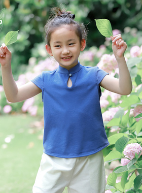 知了童装 女童夏季全棉短袖T恤儿童中式立领上衣中大童夏装53229