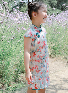 知了童装 夏季女童亚麻印花旗袍日常儿童短袖连衣裙52170