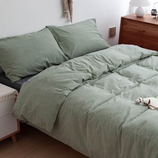 松木绿 简约纯色纯棉单人床上四件套棉麻 全棉无印水洗棉被套日式