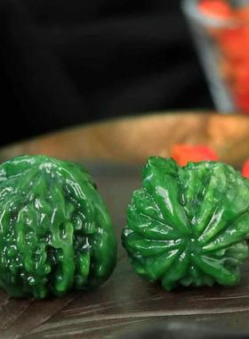 天然和田玉碧玉菠菜绿核桃手把件