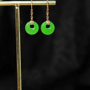 天然和田玉碧玉耳环女款18K金镶嵌玉石耳钉耳坠平安扣耳饰阳绿