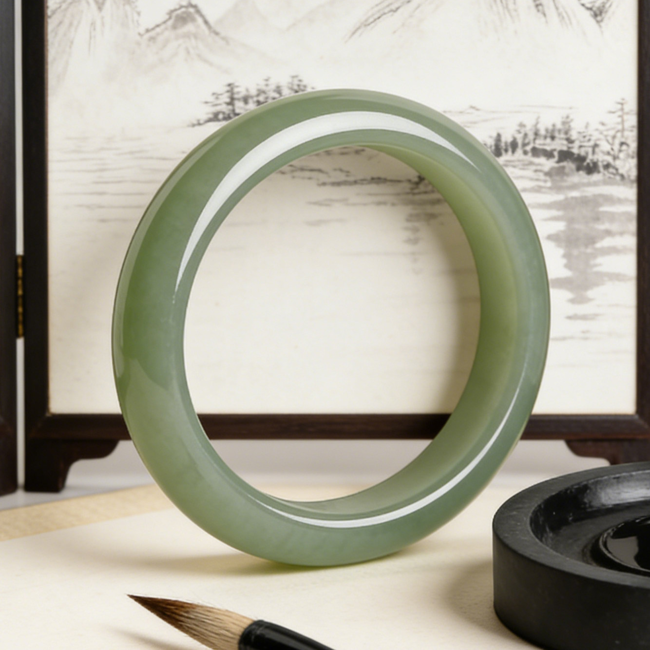 正品天然和田玉手镯老料湖水绿玉晴水细条女玉镯少女手镯玉镯子青