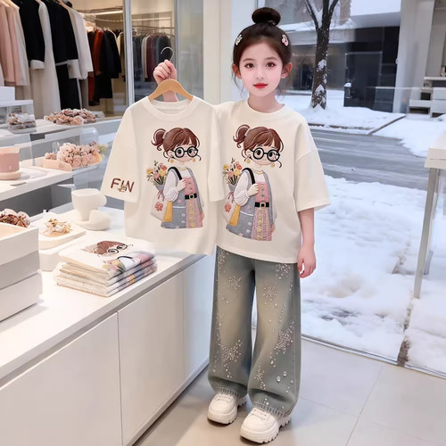 女童纯棉仿刺绣卡通短袖T恤