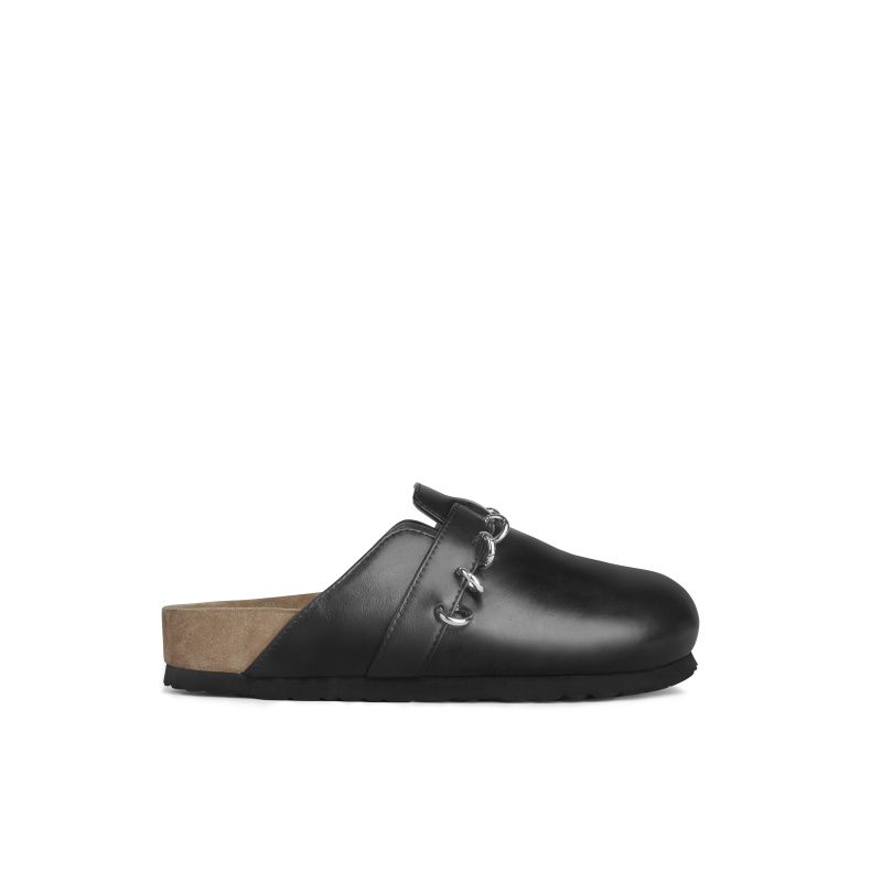 INJOYLIFE环扣勃肯鞋黑色真牛皮软底包头拖鞋女鞋外穿厚底一脚蹬