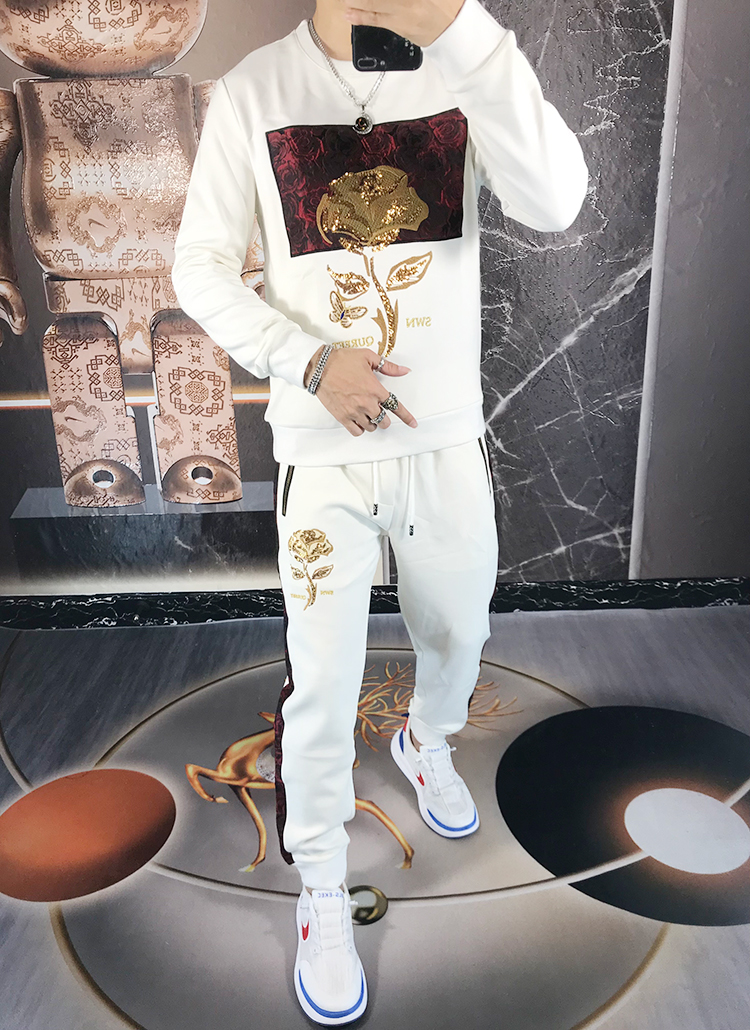 欧洲站休闲运动套装男秋季新款长袖卫衣潮流时尚刺绣青年男士一套