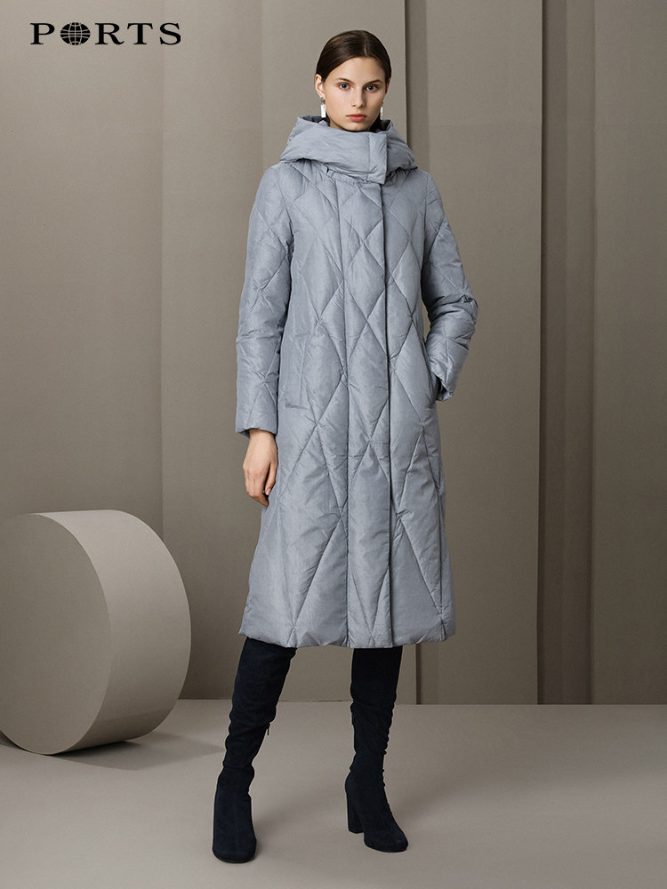 PORTS Baozi 19 women's simple Ling check white duck down hooded mid-length down jacket ALN9U038JZP045