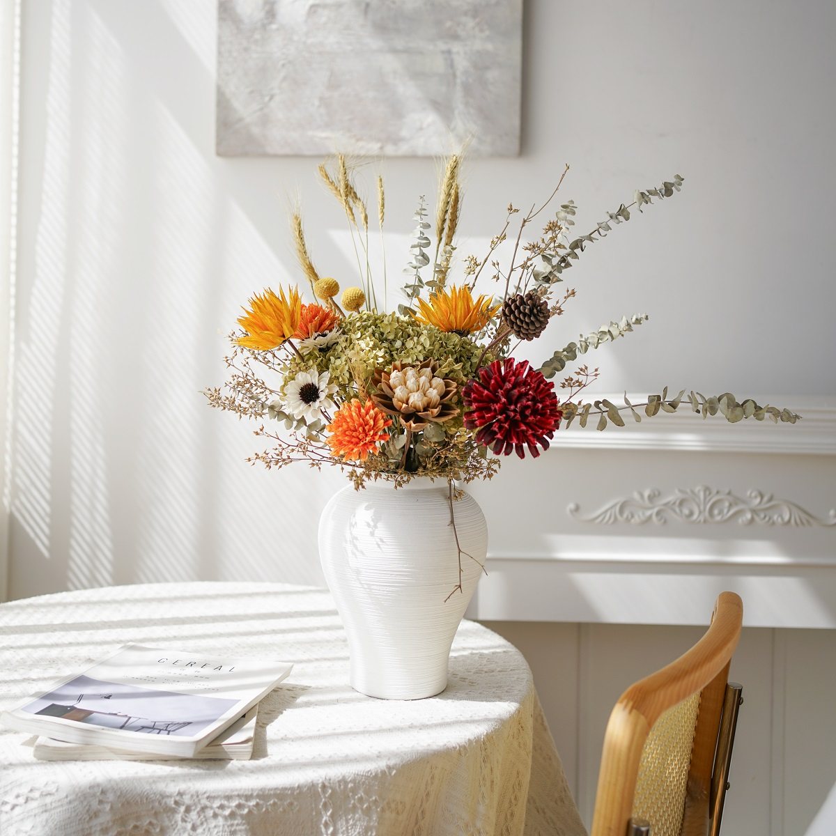 天然真繁花绣球尤加利叶小麦金黄色田园风diy花艺套装餐桌装饰花